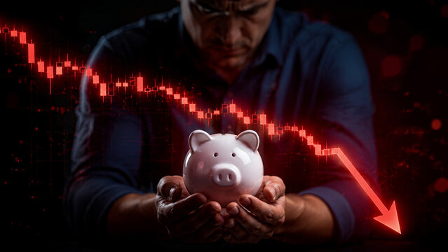 A conceptual graphic of a financial downturn showing bankruptcy risk and economic decline.
