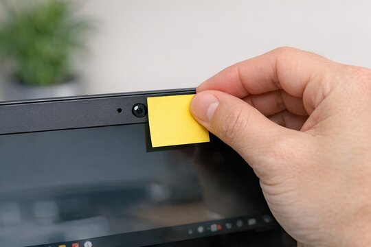 A person holds a yellow Post-It note near a laptop, ready to jot down some ideas or reminders