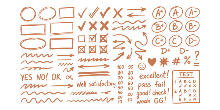 Hand drawn doodle set with school grading marks and check signs for teacher feedback on homework