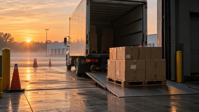 Morning delivery at a warehouse loading dock with a truck and packages