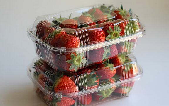 Fresh strawberries in plastic containers, ripe red berries in clear punnets, grocery fruit packaging