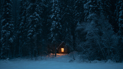 Obraz premium Warmly Lit Cabin Window in a Snowy Forest at Blue Hour