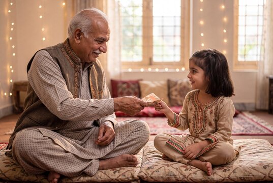 Grandfather Giving Eidi Money Gift to Smiling Child on Eid Festival