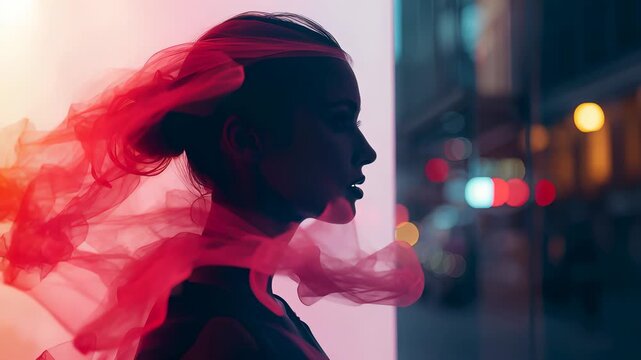 Side profile silhouette of a woman wrapped in flowing red translucent fabric against blurred city lights