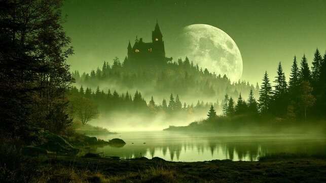 Mystical Gothic Castle Silhouette on Foggy Forest Hill Under Giant Full Moon Over Reflective Lake