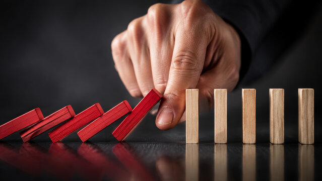 A human hand stopping a row of falling red dominoes to manage risk and control.