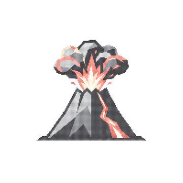 Pixel art volcano eruption with lava and smoke. Retro 8-bit mountain explosion vector. Gaming asset of erupting volcano.