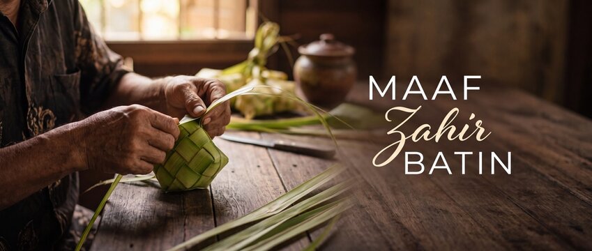 Ketupat weaving hands Hari Raya greeting card with Maaf Zahir Batin text on rustic wooden table background, traditional Malay Eid Mubarak celebration preparation for festive Muslim holiday banner page