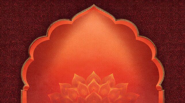 Ornate Indian arched doorway frame in vibrant orange with carved floral details, hanging lamps, lotus accent, warm gold highlights, rich texture, centered symmetry, cultural decor