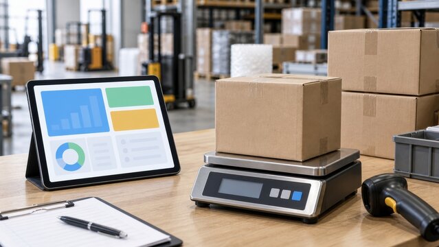 Setup of a weighing scale with packages and a tablet in a warehouse during working hours