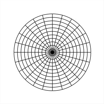 Polar grid of 10 concentric circles and 15 degrees steps. Blank vector polar graph paper.
