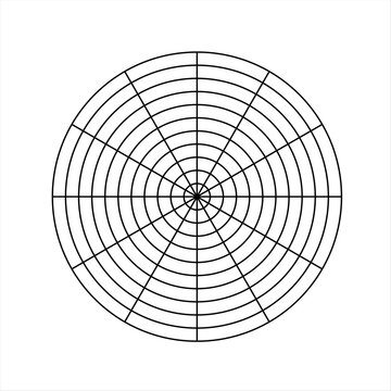 Polar grid of 10 concentric circles and 30 degrees steps. Blank vector polar graph paper.