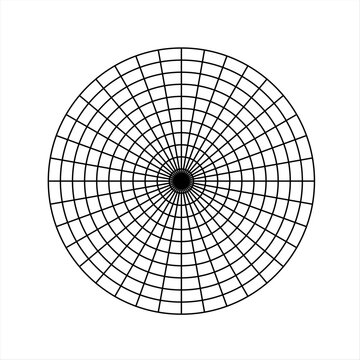 Polar grid of 10 concentric circles and 10 degrees steps. Blank vector polar graph paper.