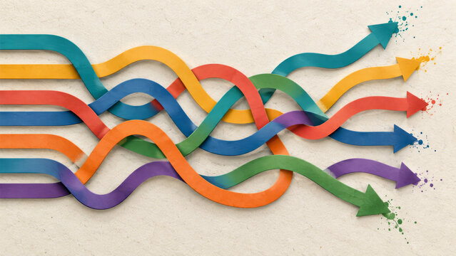 Change management process mapping with colored arrow path diagram on textured background.