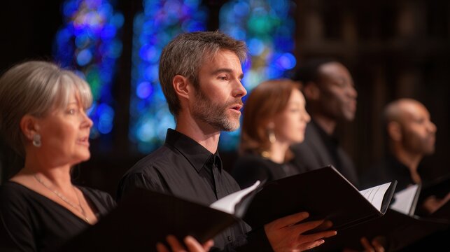 Choir members standing and singing from hymnbooks inside stained glass church, with choir, singer, hymnbook, singing detail, showing worship, church, stainedglass, robe context
