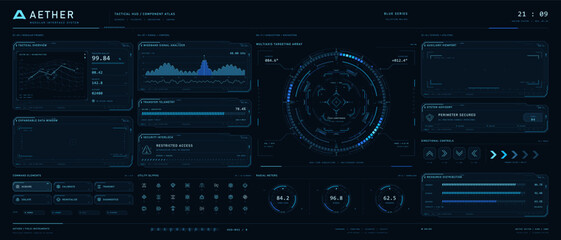 Fototapeta na wymiar Blue tactical HUD interface with targeting radar and telemetry