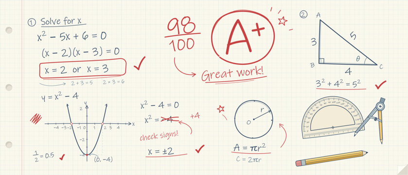 Graded math homework with algebra, geometry and teacher feedback