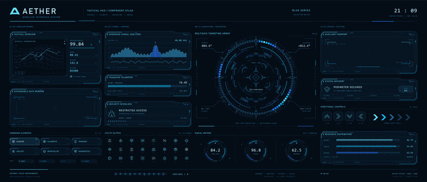 Blue tactical HUD interface with targeting radar and telemetry