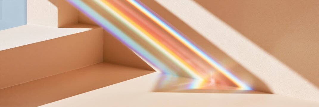 Abstract light refraction creating prismatic rainbow on minimalist beige stairs
