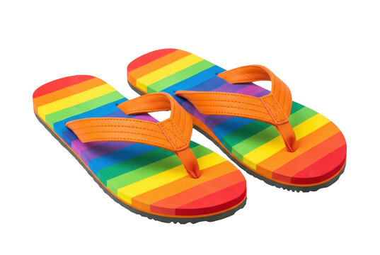 Colorful rainbow flip flops isolated on black background for summer footwear concept