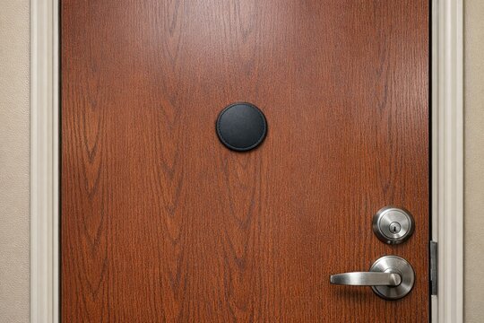 Close-up of a wooden door handle with intricate details, suitable for use in architectural or design contexts