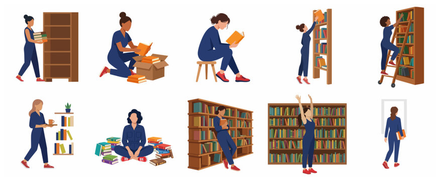 Vector illustration set of women reading books and working in a library. Flat design characters organizing bookshelves, studying, and relaxing with literature in a minimalist style.