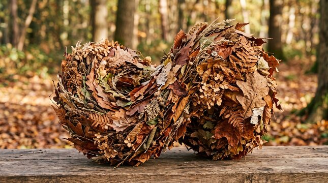 Autumnal infinity symbol sculpture made of dried leaves and natural materials in a forest setting