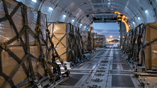 Cargo is being loaded inside a large transport aircraft at an airport during dusk hours