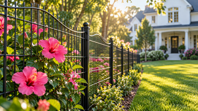 Black welded wire fencing installed in a lush green garden with pink flowers.