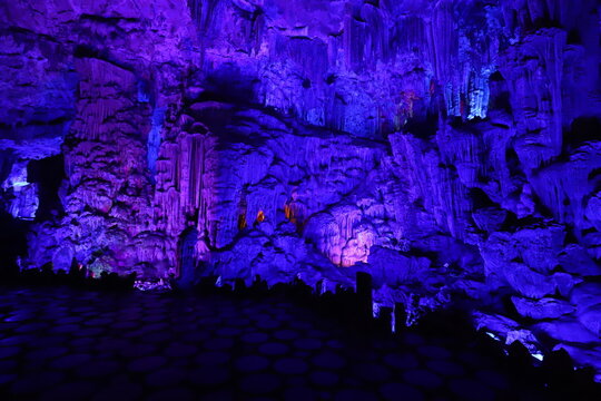 Reed Flute Cave colorful illuminated limestone formations in Guilin, China