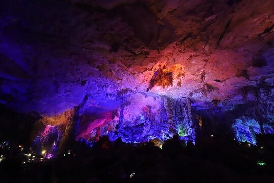 Reed Flute Cave colorful illuminated limestone formations in Guilin, China
