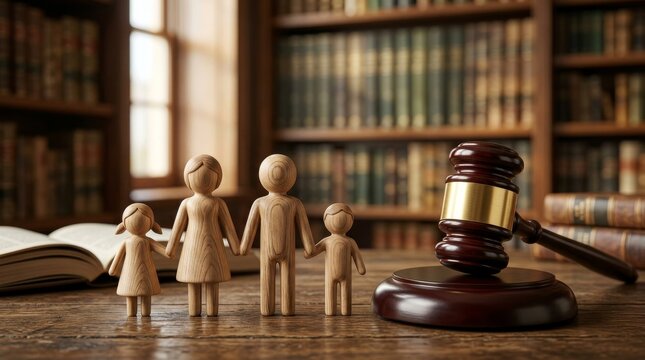 Wooden family figures holding hands in front of a judge gavel for child custody and divorce concepts.