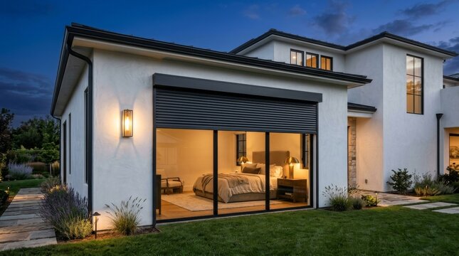 Dark roller shutters partially covering a large window of a cozy bedroom interior at night.