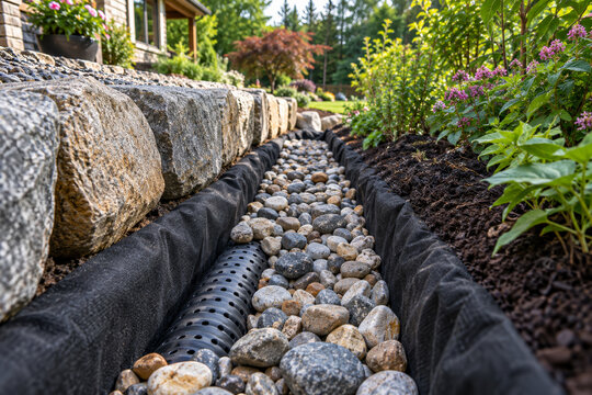 French drain system with perforated pipe and gravel in a landscape trench