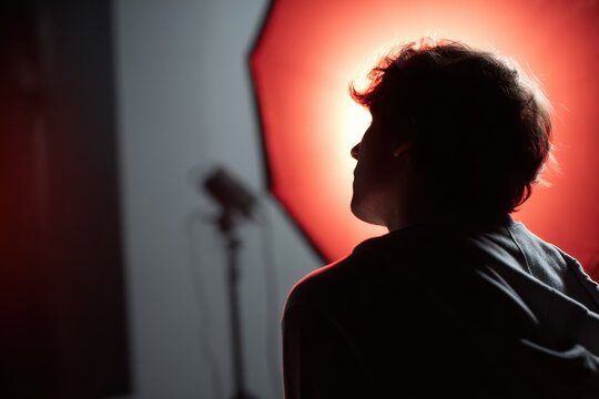 Silhouette of a person stands near a backdrop lit in red. This artful moment is set in a studio, possibly for a shoot