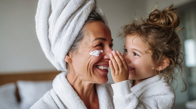 Mother gently applying facial cream to smiling young daughter in bright home interior, tender skincare moment with loving bond, soft natural light, warm family care