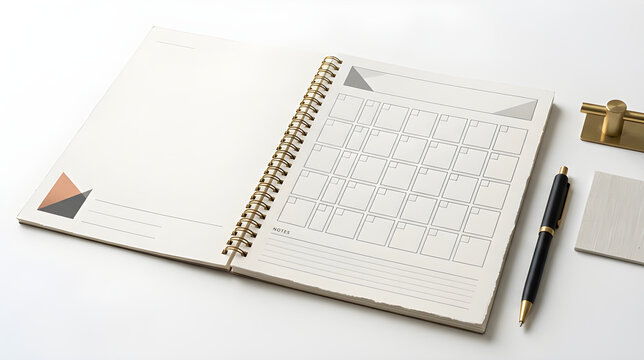 Open spiral planner with monthly calendar grid and pen on a clean white desk surface.