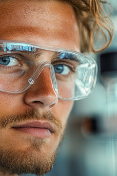 A person in safety goggles looking directly at the camera, possibly in a workshop or laboratory setting. vertical frame