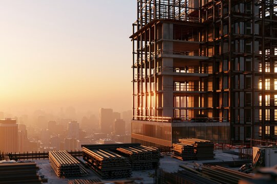 High - rise building under construction in modern city at sunrise