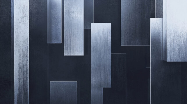 Abstract Dark Geometric Background with Metallic Rectangular Panels and Layered Depth