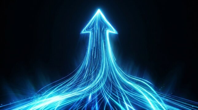 Glowing blue arrow composed of converging lines pointing upwards against a dark background.
