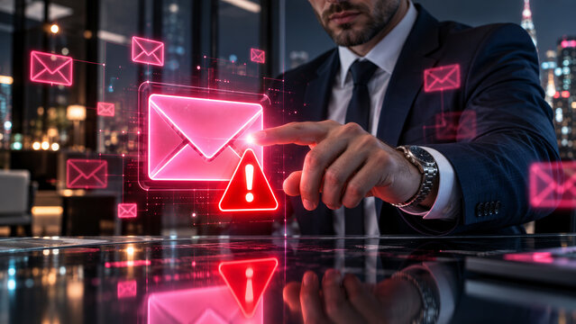 Email security software detecting phishing and scam mail with a warning alert notification.