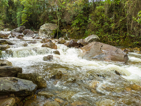 Turbulent waterfall water flowing over a rocky bed, surrounded by wild vegetation in a protected area.