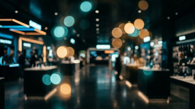 Modern electronics retail store with abstract blurred background and bokeh lights.