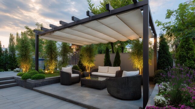 Modern metal pergola with adjustable louvered roof shading outdoor dining area in landscaped backyard under blue sky, with pergola, louver, louvered, metal detail