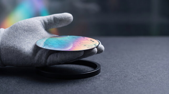 Gloved hand showcases iridescent photonic silicon wafer