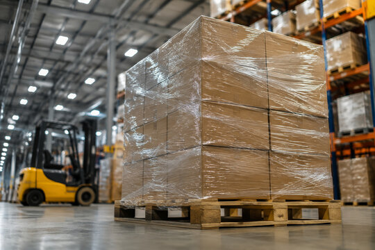 Cardboard boxes on a wooden pallet wrapped in clear stretch film for secure shipping.