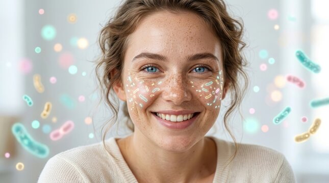 Smiling young person with freckles and glowing microbiota visualized on the skin surface.