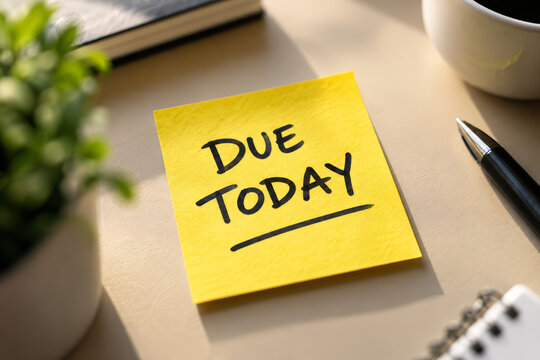 Yellow sticky note with handwritten DUE TODAY text for urgent deadline reminder.