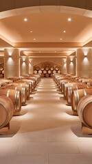 Obraz premium Oak barrels lined in central aisle of wine cellar under warm lighting